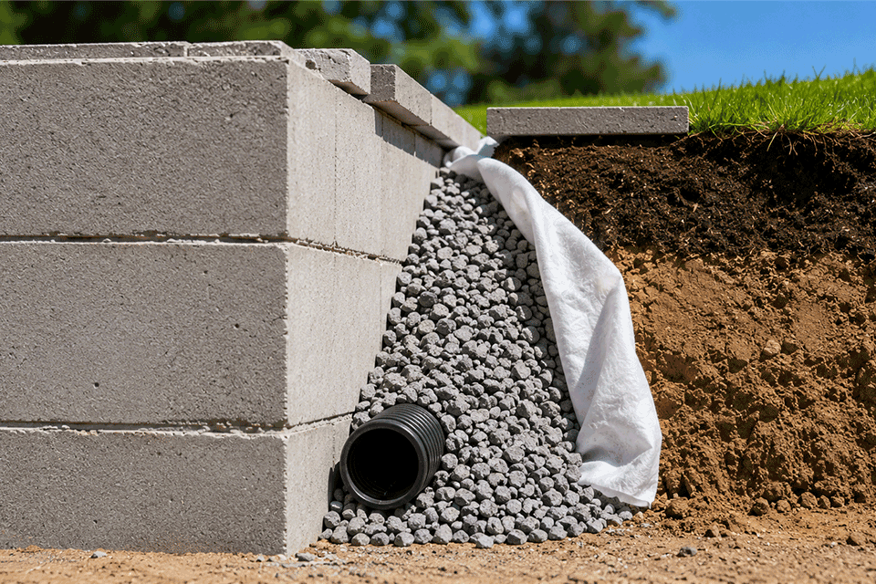 Schema del drenaggio dietro un muro di contenimento con ghiaia e tubo drenante forato